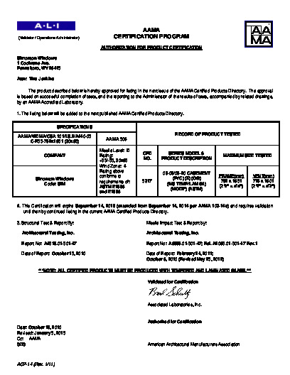 PR CERTIFICATE FL224 R14 C CAC 08-09 08-20 CASEMENT IMPACT R55 30X65 PLUS5