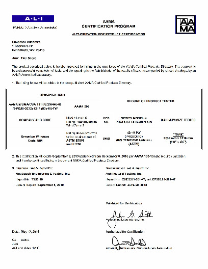 PR CERTIFICATE FL228 R19 C CAC 42-19 PW IMPACT TEMPERED 80X48 R50
