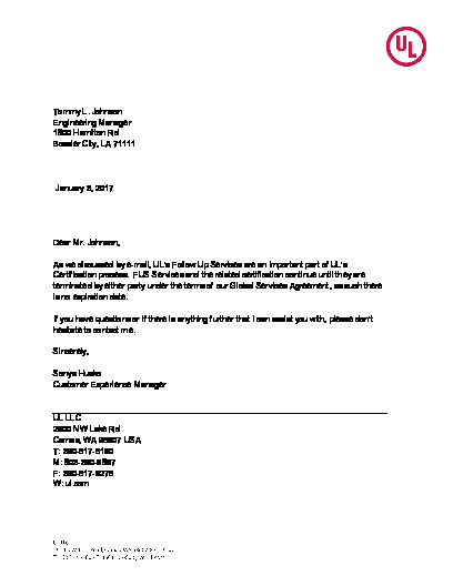 PR CERTIFICATE FL2358 R8 C CAC MCELROY METAL MILL INC LETTER 1.3.17