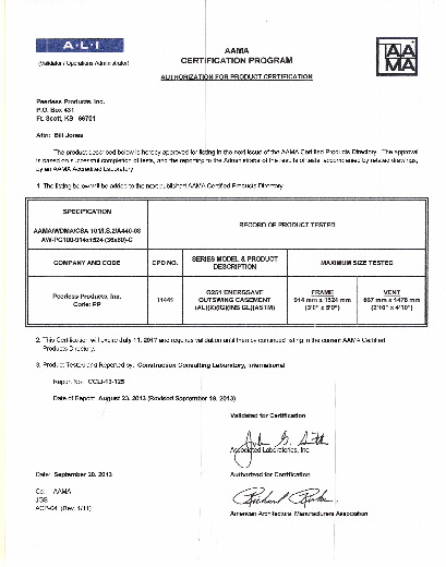 PR CERTIFICATE FL2722 R7 C CAC G351 OUTSWING CASEMENT - AW PG100 - 13