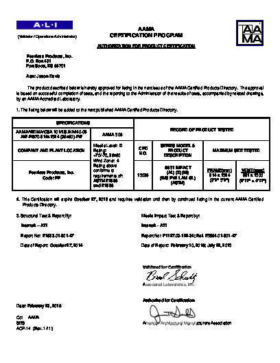 PR CERTIFICATE FL2722 R7 C CAC G361 IMPACT CASEMENT