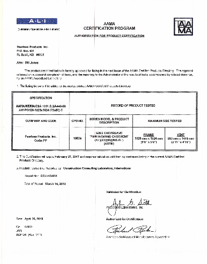 PR CERTIFICATE FL2722 R7 C CAC G362 TWIN INSWING CASEMENT - AW PG100 - 13