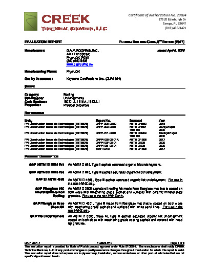 PR INSTL DOCS FL2894 R10 II GAP19001.1 2017 FBC EVAL REPORT UNDERLAYMENTS FINAL