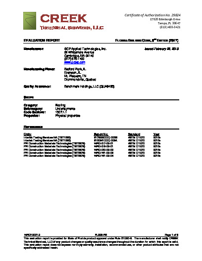 PR TECH DOCS FL298 R5 AE WRG12001.2 2017 FBC EVAL REPORT GRACE SA UNDERLAYMENTS FINAL
