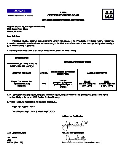 PR CERTIFICATE FL993 R15 C CAC FL993 R11 C CAC 993.6 AAMA CERT