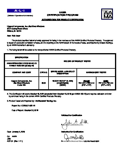 PR CERTIFICATE FL993 R15 C CAC FL993 R11 C CAC 993.8 AAMA CERT