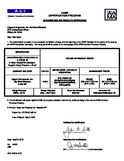 PR CERTIFICATE FL993 R15 C CAC (A) 993.12 AAMA CERT  (DP POS 40 NEG 50)