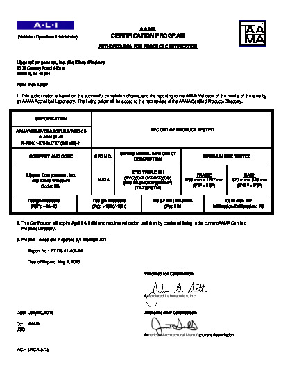 PR CERTIFICATE FL993 R16 C CAC (A) 993.12 AAMA CERT  (DP POS 40 NEG 40)