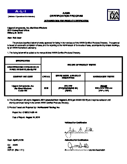 PR CERTIFICATE FL995 R9 C CAC 995.4 AAMA CERT