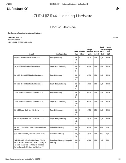 PR CERTIFICATE FL2998 R15 C CAC ZHEM.R21744 - LATCHING HARDWARE   UL PRODUCT IQ