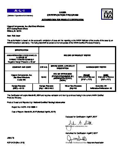 PR CERTIFICATE FL993 R17 C CAC (B) 993.10 AAMA CERT