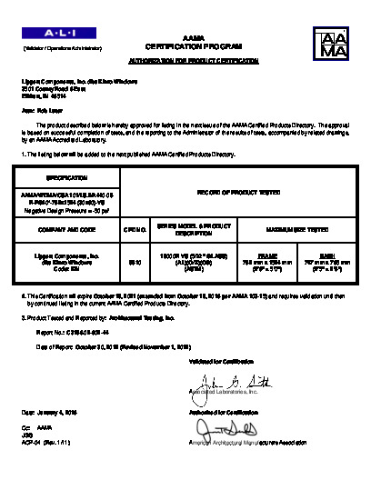 PR CERTIFICATE FL993 R17 C CAC (B) 993.7 AAMA CERT