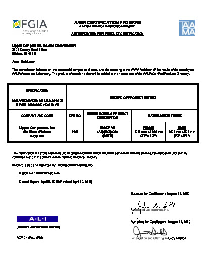 PR CERTIFICATE FL993 R18 C CAC (C) 993.9 AAMA CERT (DP POS 25 NEG 25)