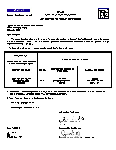 PR CERTIFICATE FL995 R10 C CAC 995.1 AAMA CERT (72 X 48)