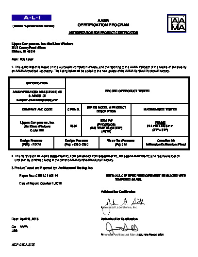 PR CERTIFICATE FL995 R10 C CAC 995.6 AAMA CERT (36 X 96)