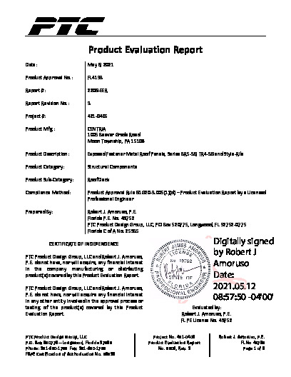 PR TECH DOCS FL4133 R7 AE PER 2206 REV3 EXPOSED FASTENER METAL ROOF PANELS APPENDICES SS