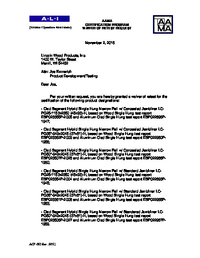 PR CERTIFICATE FL4571 R16 C CAC ACP-05 LN CLAD SEGMENT HYBRID SINGLE HUNG NARROW RAIL
