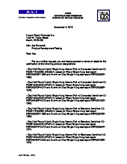 PR CERTIFICATE FL4571 R17 C CAC ACP-05 LN CLAD HALF ROUND HYBRID SINGLE HUNG NARROW RAIL