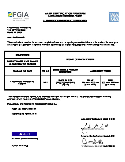 PR CERTIFICATE FL4572 R10 C CAC LINCOLN - WOOD GLIDER   MAR. 2021 (EXT.5)