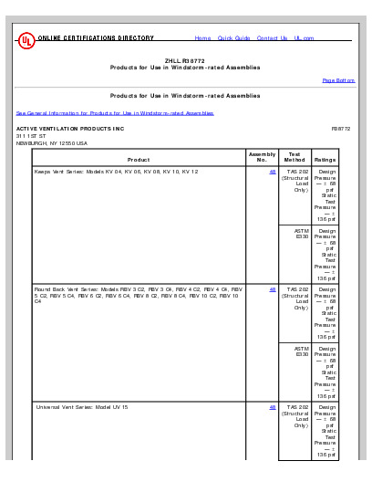 PR CERTIFICATE FL4763 R2 C CAC ZHLL.R38772 - PRODUCTS FOR USE IN WINDSTORM-RATED ASSEMBLIES