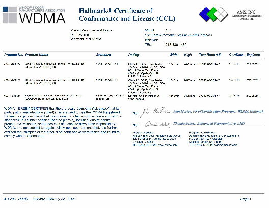 PR CERTIFICATE FL4809 R19 C CAC CCL FOR MARVIN 407-H-660.22, .23, .24