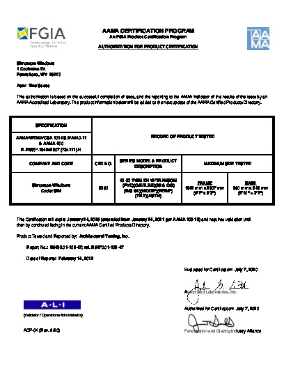 PR CERTIFICATE FL5167 R41 C CAC 43-35 DH TWIN W TRANSOM 73X111-R35