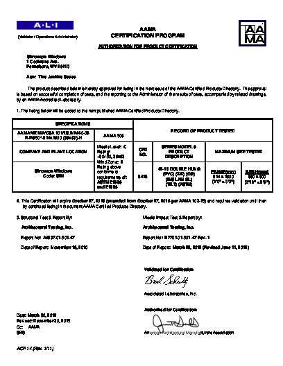 PR CERTIFICATE FL5419 R17 C CAC 42-19 DH IMPACT ANNEALED 36X63 R50 (EXT.)