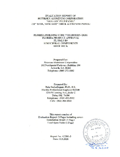 PR TECH DOCS FL5562 R9 AE EVALUATIONREPORTC2381 3 18INCH WIDE X 0.032 ALUMINUM