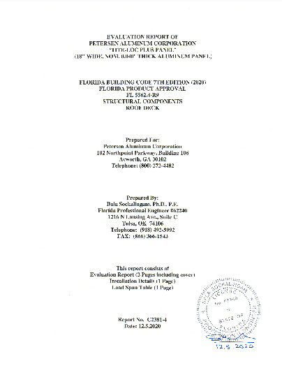 PR Instl Docs FL5562 R9 II EvaluationReportC2381 4 18inch Wide x 0.040 Aluminum