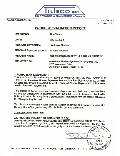 PR TECH DOCS FL6566 R8 AE EXTRUDED BERTHA BAHAMA SHUTTER EVALUATION REPORT