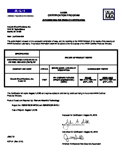PR CERTIFICATE FL6642 R35 C CAC 78 X 78 WV CASEMENT STUDIO