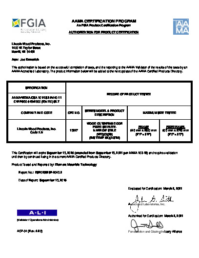 PR CERTIFICATE FL6642 R35 C CAC LINCOLN - WOOD OS DOOR FIXED SIDELITE - N.S.  MAR. 2021 (EXT.5)
