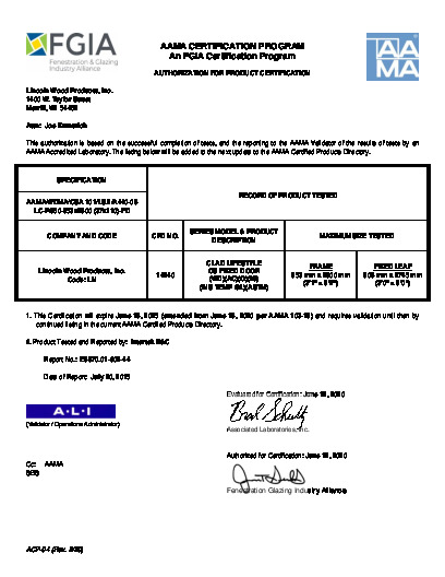 PR CERTIFICATE FL6642 R36 C CAC 3-0 X 9-0 CLAD LIFESTYLE OUT-SWING SIDELITE