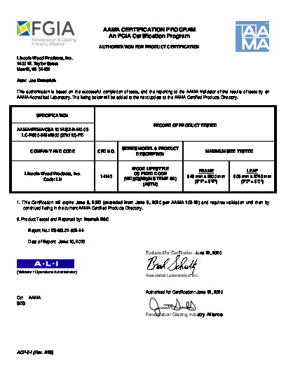 PR CERTIFICATE FL6642 R36 C CAC 3-0 X 9-0 WOOD LIFESTYLE OUTSWING SIDELITE