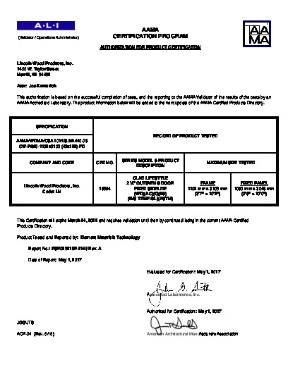 PR CERTIFICATE FL6642 R36 C CAC 3-6 X 10-0 CLAD LIFESTYLE OS DOOR SIDELITE 2.25
