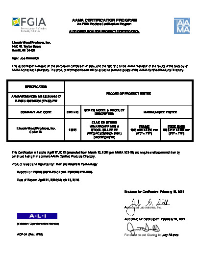 PR CERTIFICATE FL6642 R36 C CAC LINCOLN - CLAD DH STUDIO W-N.RS.  STOOL PREP   FEB. 2021 (EXT.5)