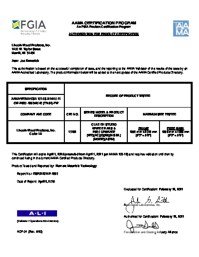 PR CERTIFICATE FL6642 R36 C CAC LINCOLN - CLAD DH STUDIO W-W.RS.  PG50 UPGRADE   FEB. 2021 (EXT.5)