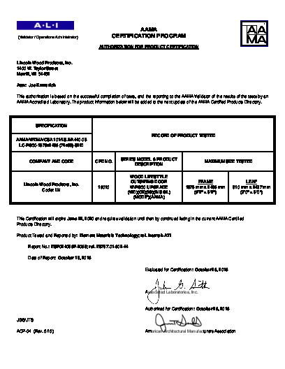 PR CERTIFICATE FL6683 R20 C CAC 6-0 X 8-0 WOOD LIFESTYLE OUTSWING DOOR - PG50 - 5PT
