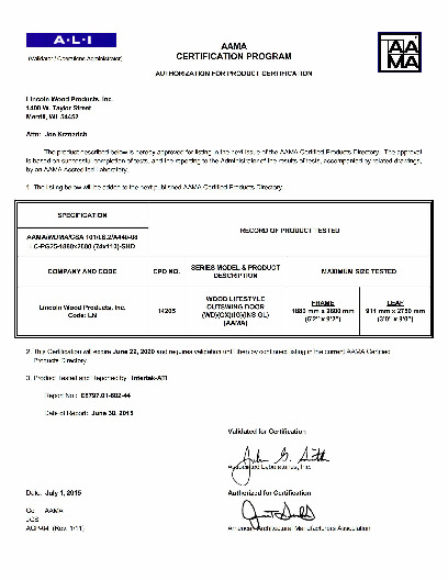 PR CERTIFICATE FL6683 R20 C CAC 6-0 X 9-0 WOOD LIFESTYLE OUTSWING DOOR