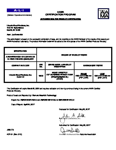 PR CERTIFICATE FL6683 R20 C CAC 7-0 X 8-0 WOOD LIFESTYLE OS FRENCH DOOR 2.25