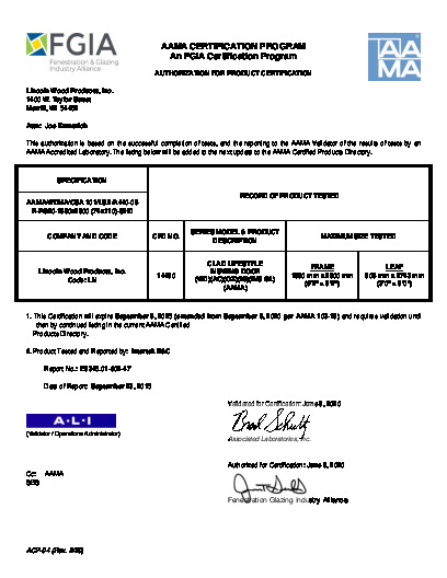 PR CERTIFICATE FL6683 R21 C CAC LINCOLN - CLAD LIFESTYLE IS DOOR OX R20 74X110 PLUS5