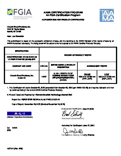 PR CERTIFICATE FL6683 R21 C CAC LINCOLN - CLAD LIFESTYLE IS FRENCH DOOR 2.25IN LC25 86X98 EXP 10 23 2025