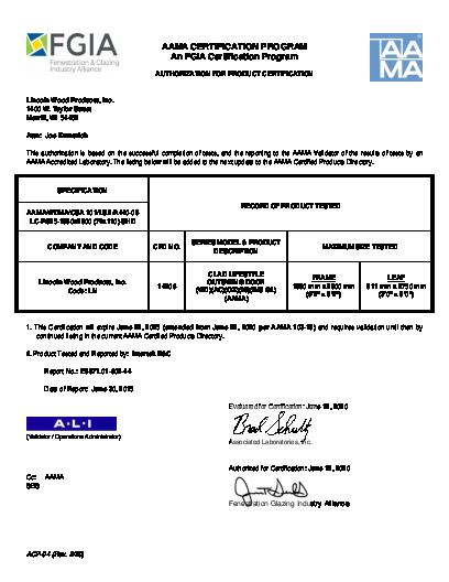 PR CERTIFICATE FL6683 R21 C CAC LINCOLN - CLAD LIFESTYLE OS DOOR OX LC25 74X110 EXP 6 22 2025