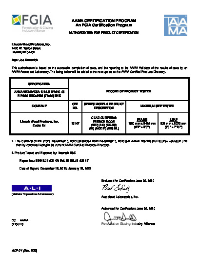 PR CERTIFICATE FL6683 R21 C CAC LINCOLN - CLAD OUTSWING FRENCH R PG50 74X96 EXP 12 5 2025