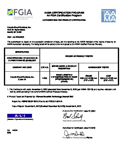 PR CERTIFICATE FL6683 R21 C CAC LINCOLN - WOOD LIFESTYLE IS FRENCH DOOR 2.25 IN. LC25 86X98 EXP 11 3 2025