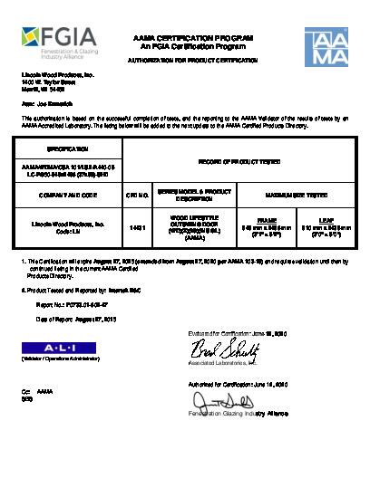 PR CERTIFICATE FL6683 R21 C CAC LINCOLN - WOOD LIFESTYLE OS DOOR LC50 37X98 EXP 8 27 2025