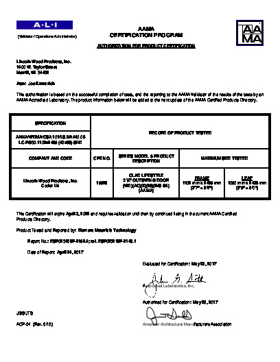 PR CERTIFICATE FL6683 R22 C CAC 3-6 X 8-0 CLAD LIFESTYLE OS DOOR 2.25