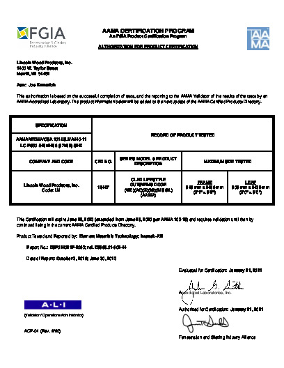 PR CERTIFICATE FL6683 R23 C CAC 3-0 X 8-0 CLAD LIFESTYLE OUT-SWING DOOR