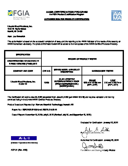 PR CERTIFICATE FL6683 R23 C CAC 6-0 X 8-0 CLAD LIFESYTLE OUT-SWING DOOR-5PT