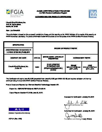 PR CERTIFICATE FL6683 R23 C CAC 6-0 X 8-0 CLAD LIFESYTLE OUT-SWING DOOR